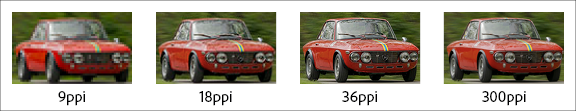 Visual comparison of different amounts of pixels per inch resolution