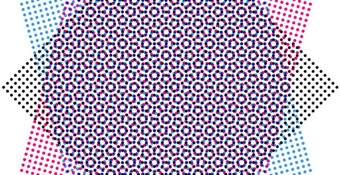 A dot rosette pattern of cyan, magenta, yellow, and black printing inks