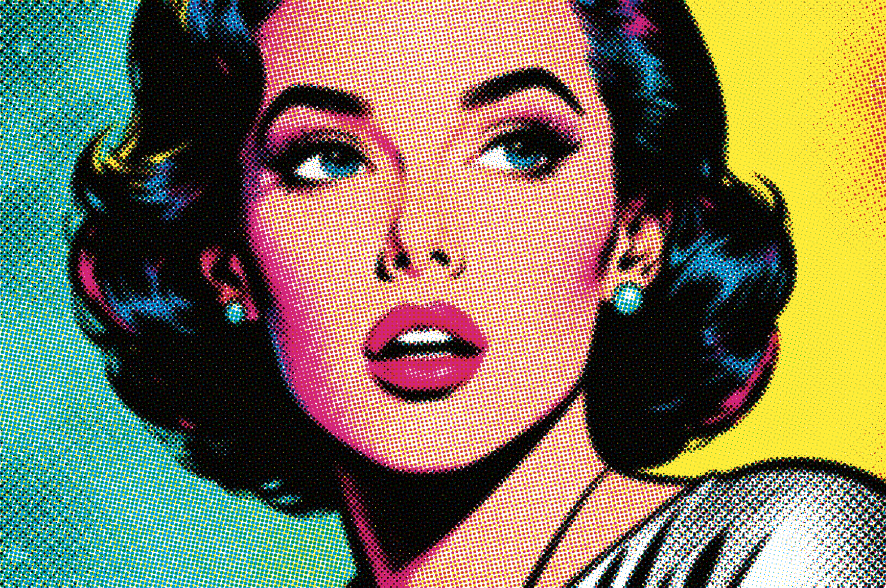 A halftone dot image of a woman's face