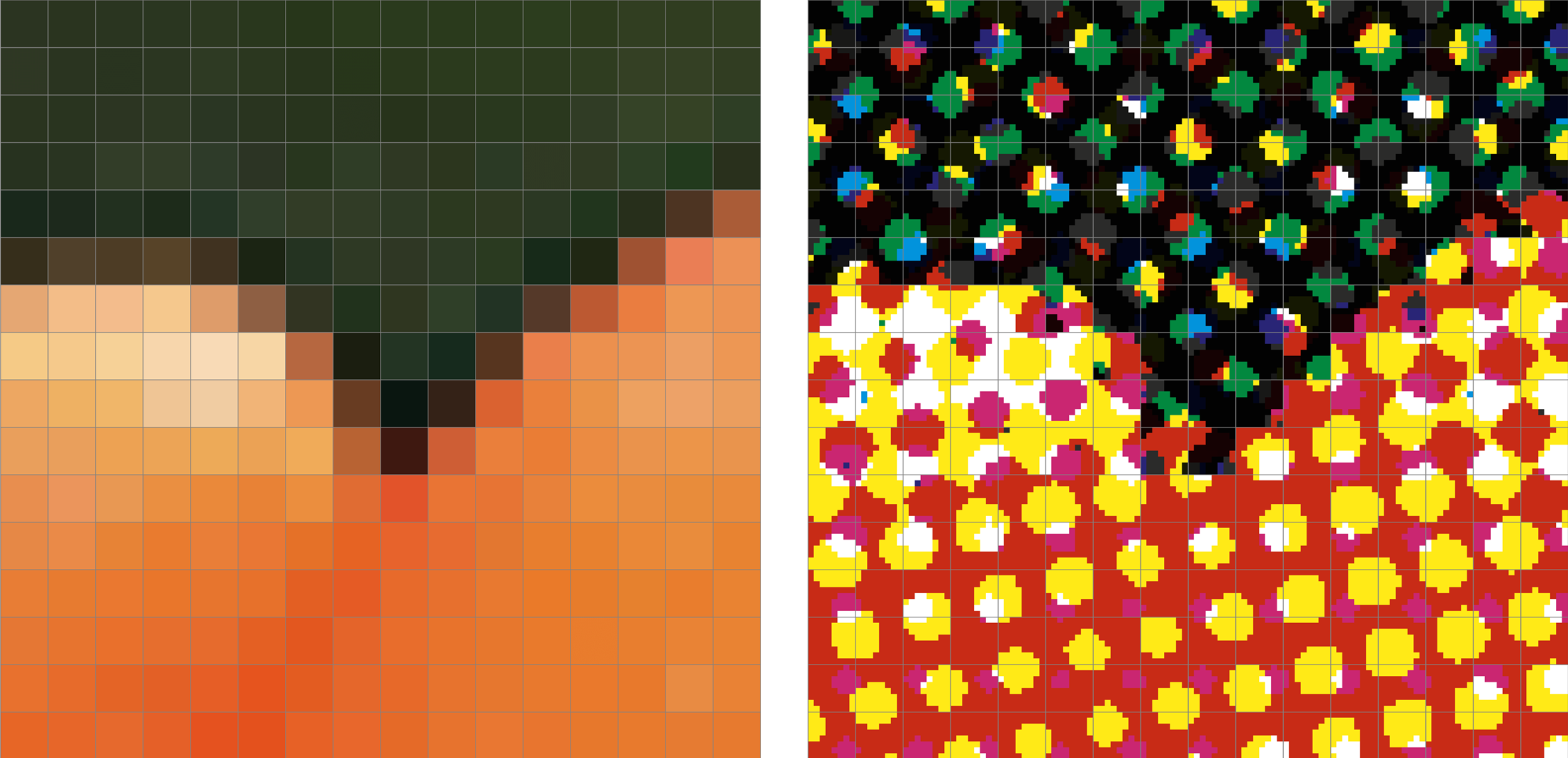 Non-physical pixels become ink dots in a physical printed halftone picture